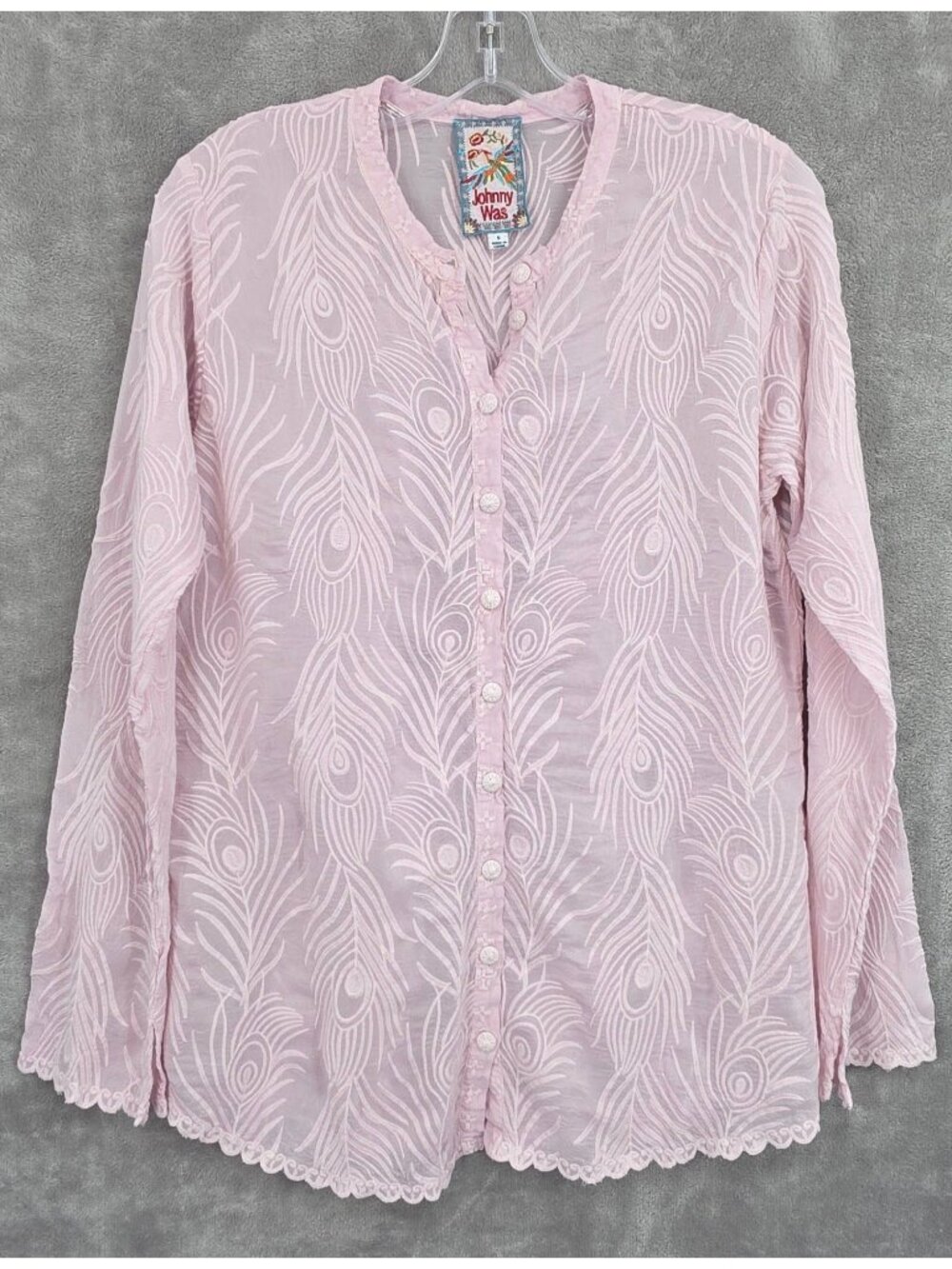Johnny Was Lenny Button Down Shirt S Pink Embroidered Peacock Feather Semi Sheer